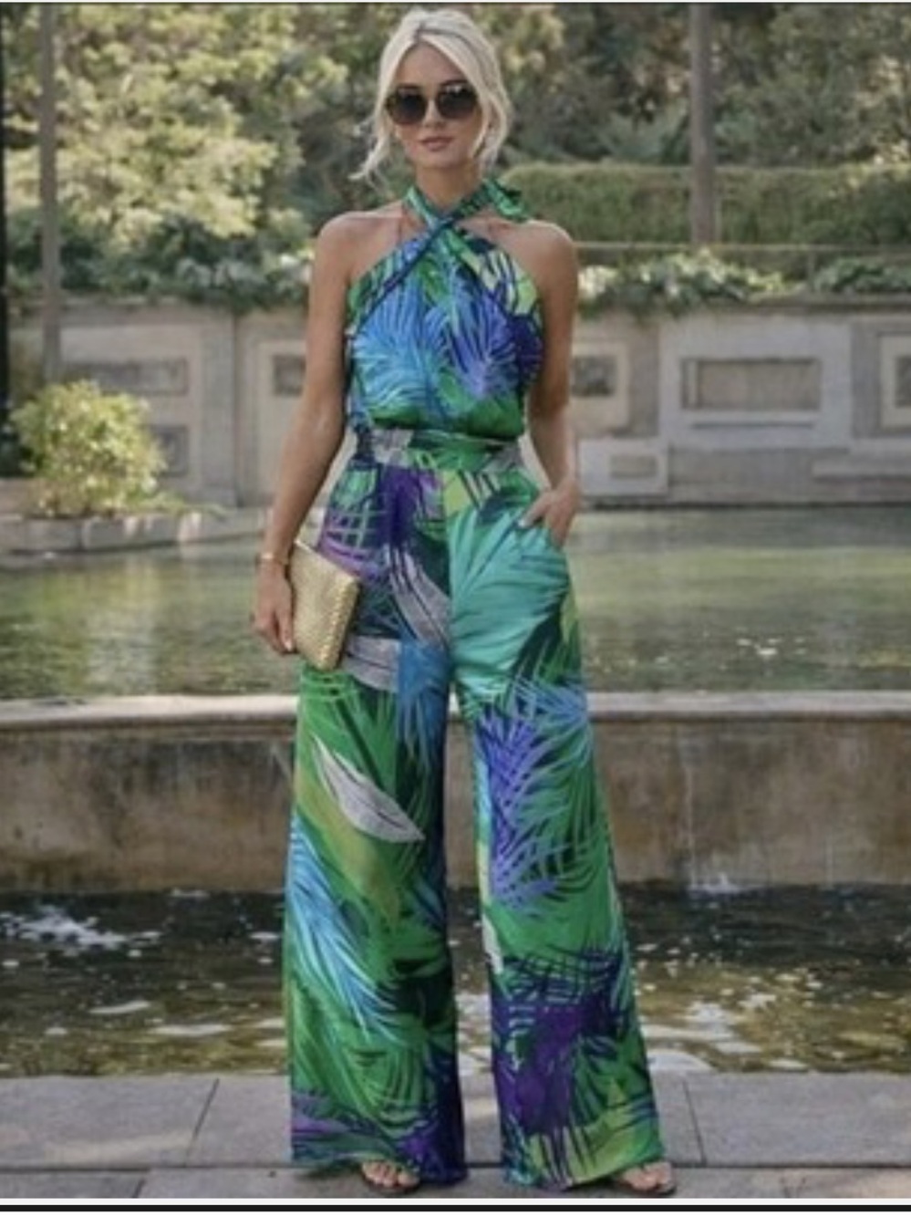 Zara Green and Blue Tropical-Print Halter Wide-Leg Jumpsuit